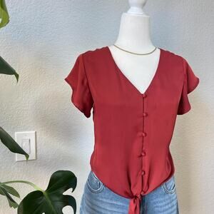 Burgundy coquette tie front top button detail flutter sleeve XS